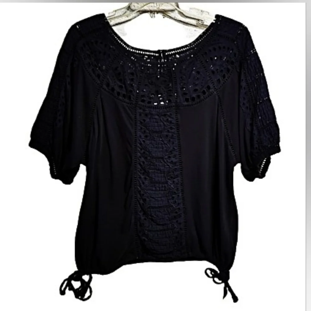 Anthropologie Vanessa Virginia Black Eyelet Lace Cinch Waist Top M